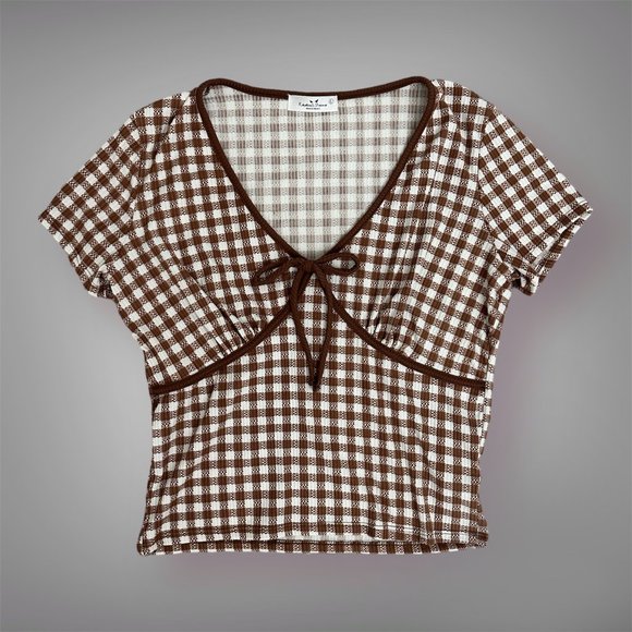 Tops - Y2K Brown V neck Bow Shirt